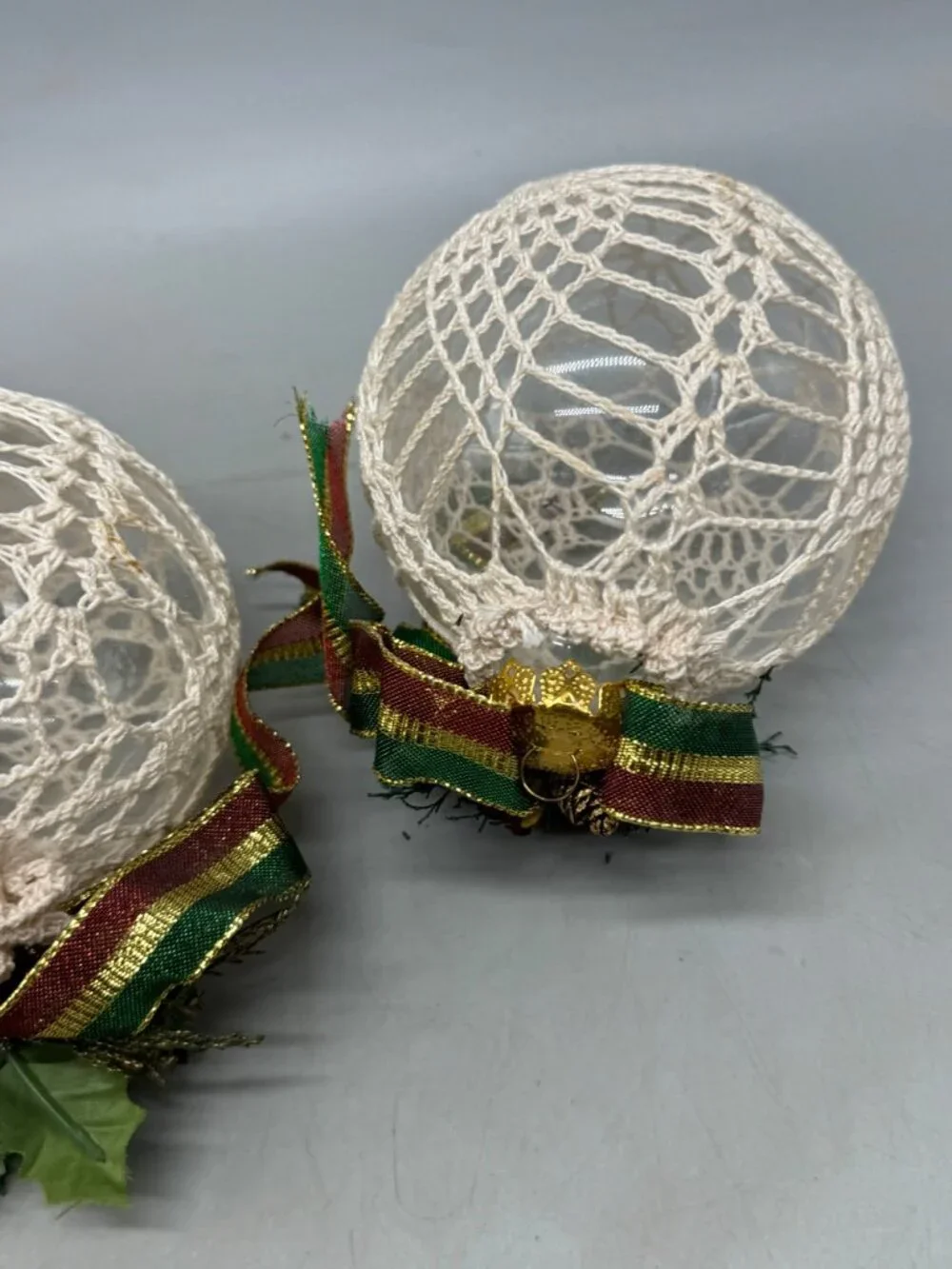 handmade Christmas bulbs ornaments set of 2 ribbon doily lace pine cones READ
